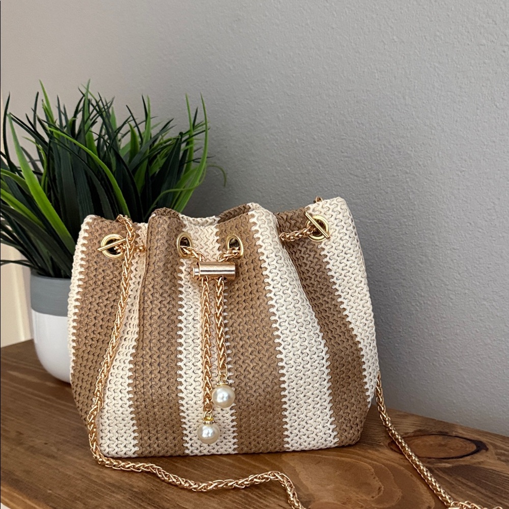 "California" Striped Woven Tan/Cream Shoulder Bag Pearl Accent; NWOT
